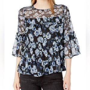 NWT lucky brand blouse floral flowy bell sleeve pullover top blue keyhole Large